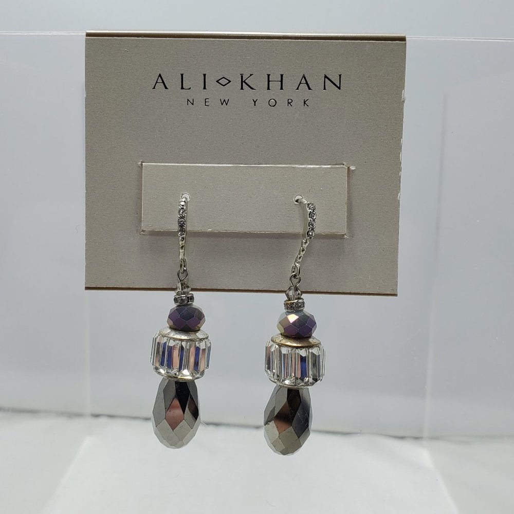 ALI KHAN grey faceted drop with rhinestones fish hook earring with gift box